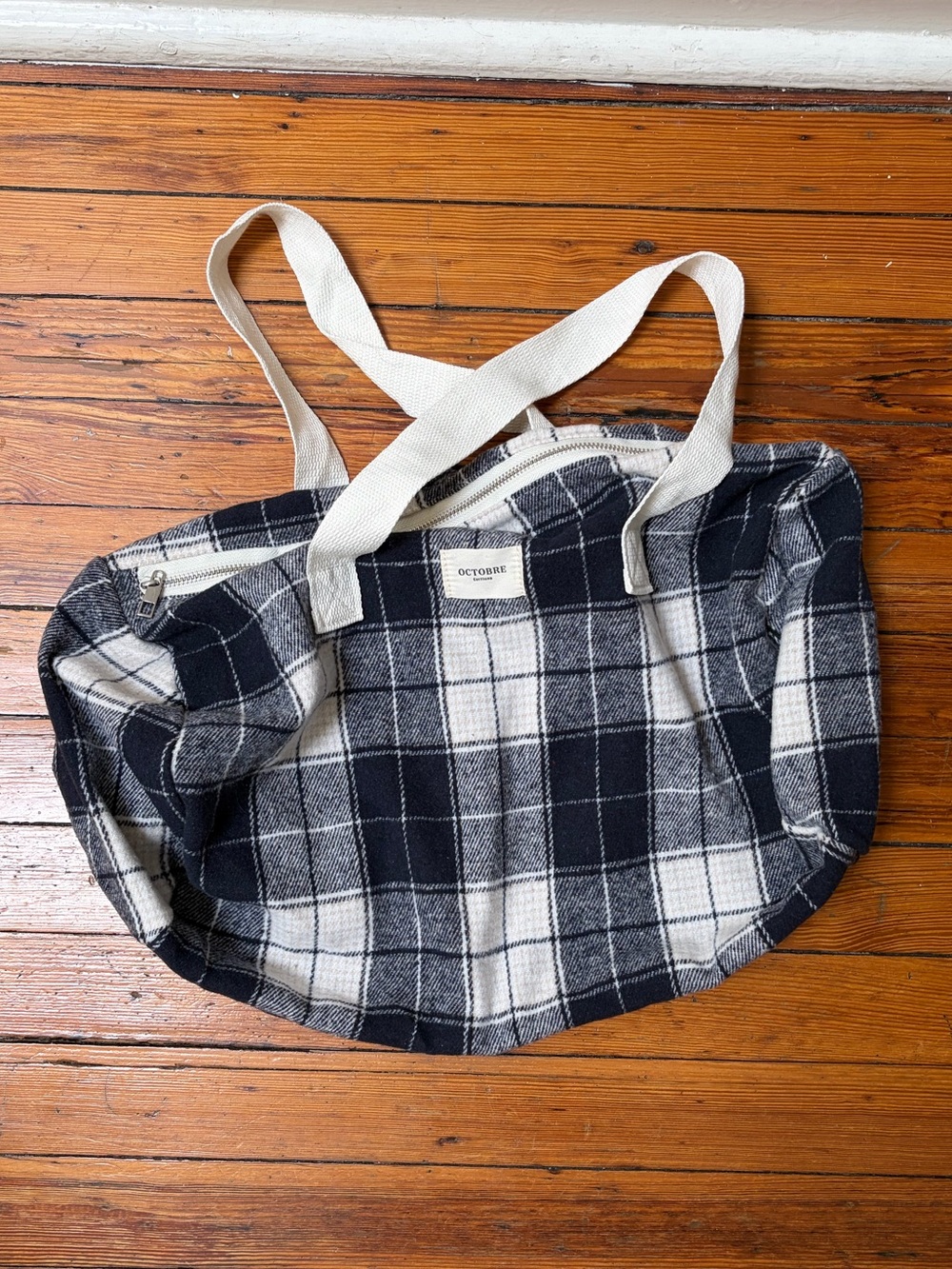 Sezane plaid fabric small duffel bag